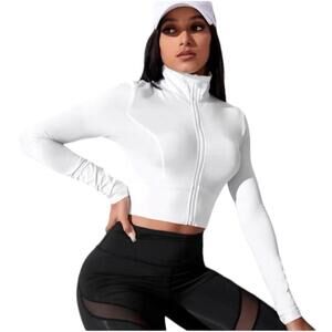 Women's White Long Sleeve Zip Up Crop Top